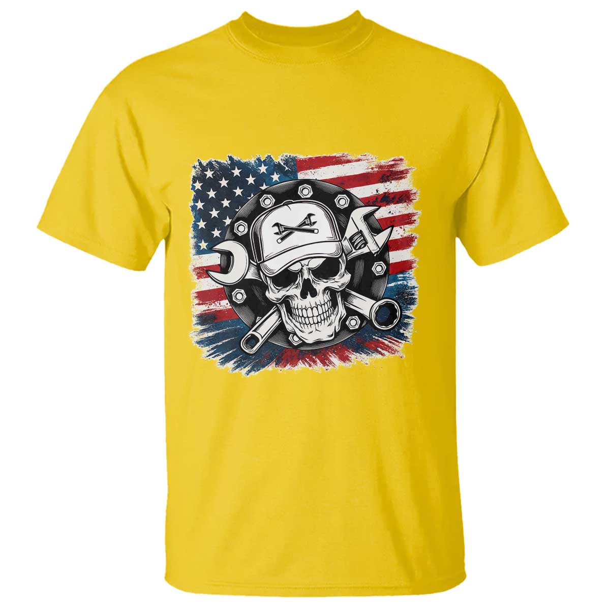 American Flag Skull Mechanic T Shirt Labor Day Patriotic USA TS14 Daisy Print Your Wear
