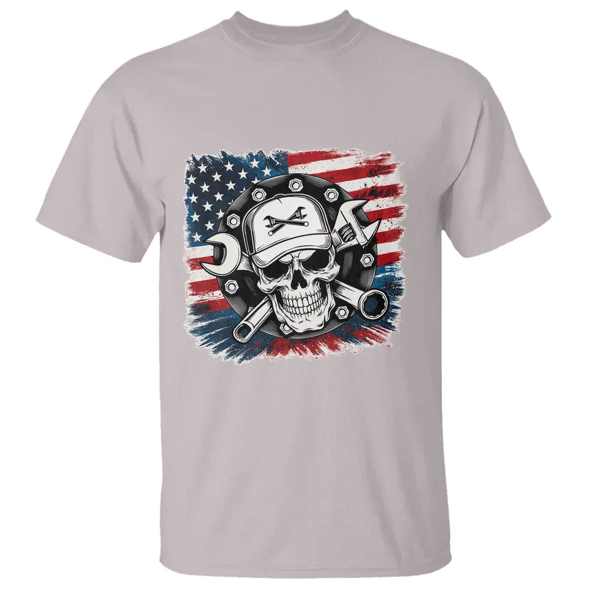 American Flag Skull Mechanic T Shirt Labor Day Patriotic USA TS14 Ice Gray Print Your Wear