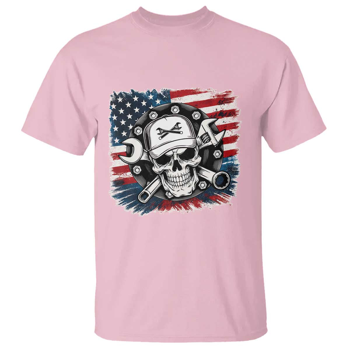 American Flag Skull Mechanic T Shirt Labor Day Patriotic USA TS14 Light Pink Print Your Wear
