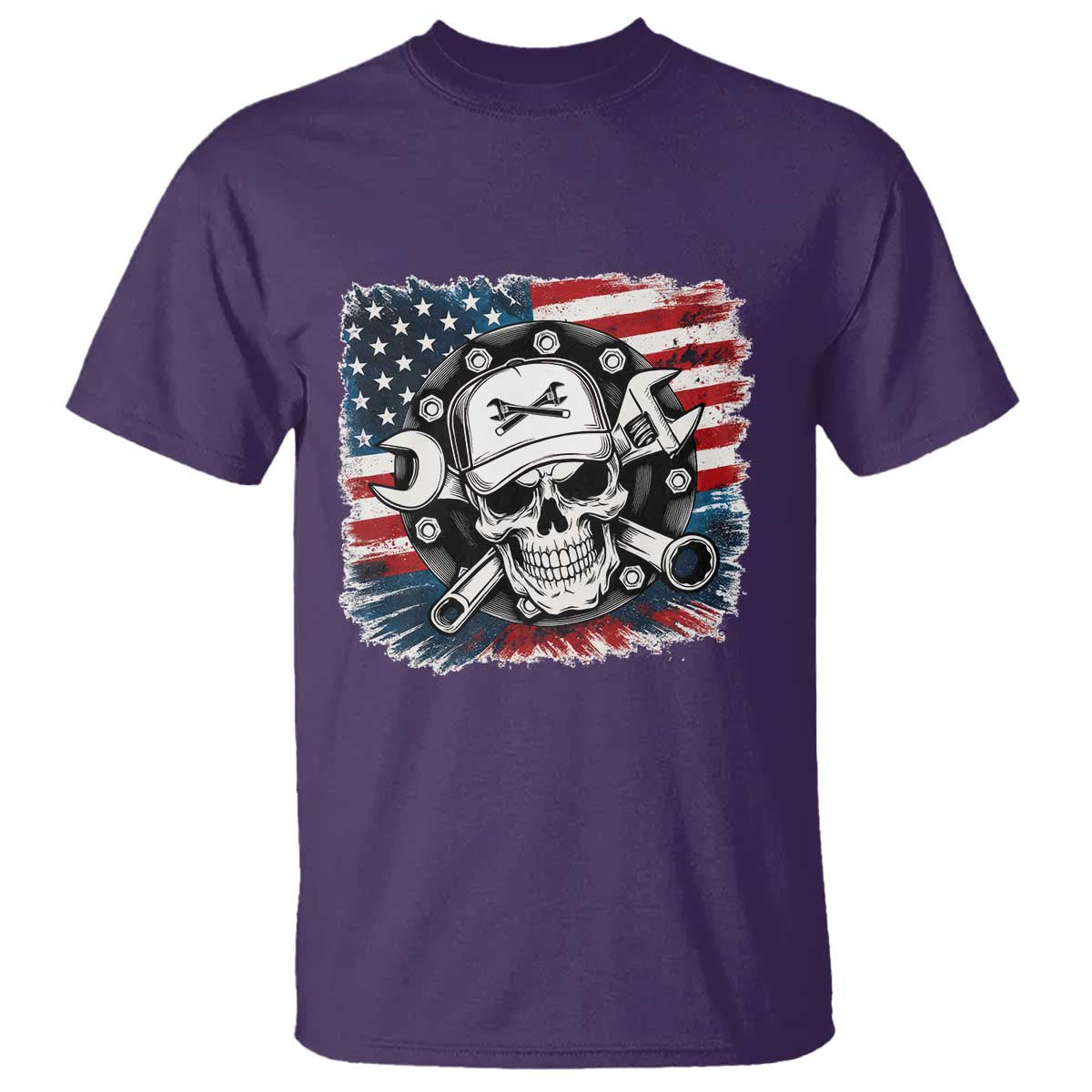 American Flag Skull Mechanic T Shirt Labor Day Patriotic USA TS14 Purple Print Your Wear