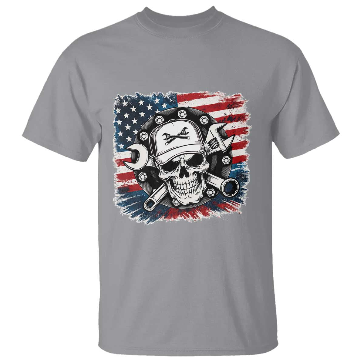American Flag Skull Mechanic T Shirt Labor Day Patriotic USA TS14 Sport Gray Print Your Wear