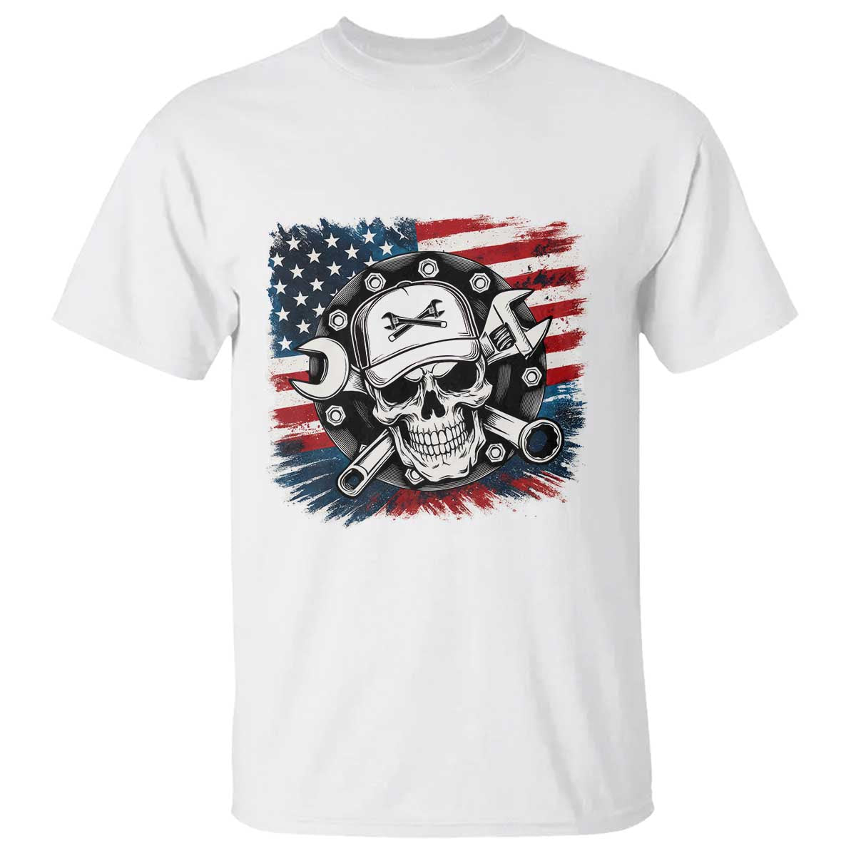 American Flag Skull Mechanic T Shirt Labor Day Patriotic USA TS14 White Print Your Wear