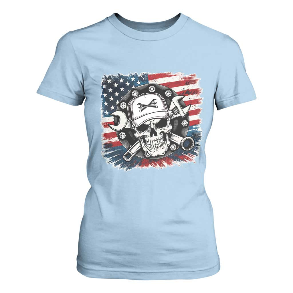 American Flag Skull Mechanic T Shirt For Women Labor Day Patriotic USA TS14 Light Blue Print Your Wear