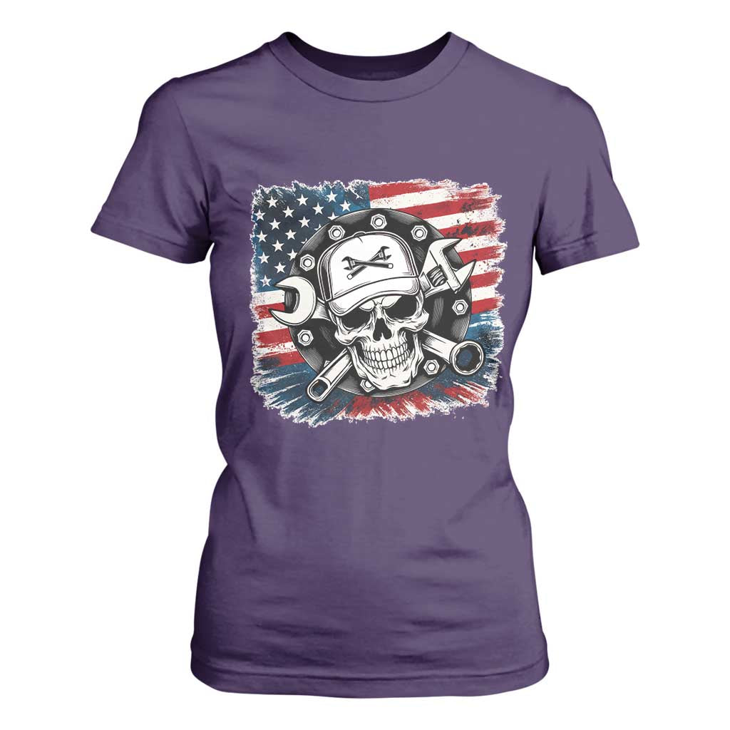 American Flag Skull Mechanic T Shirt For Women Labor Day Patriotic USA TS14 Purple Print Your Wear