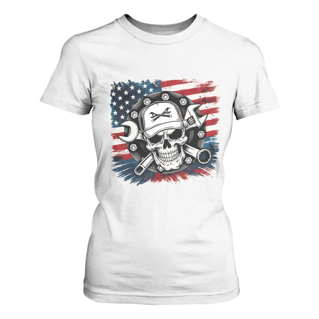 American Flag Skull Mechanic T Shirt For Women Labor Day Patriotic USA TS14 White Print Your Wear