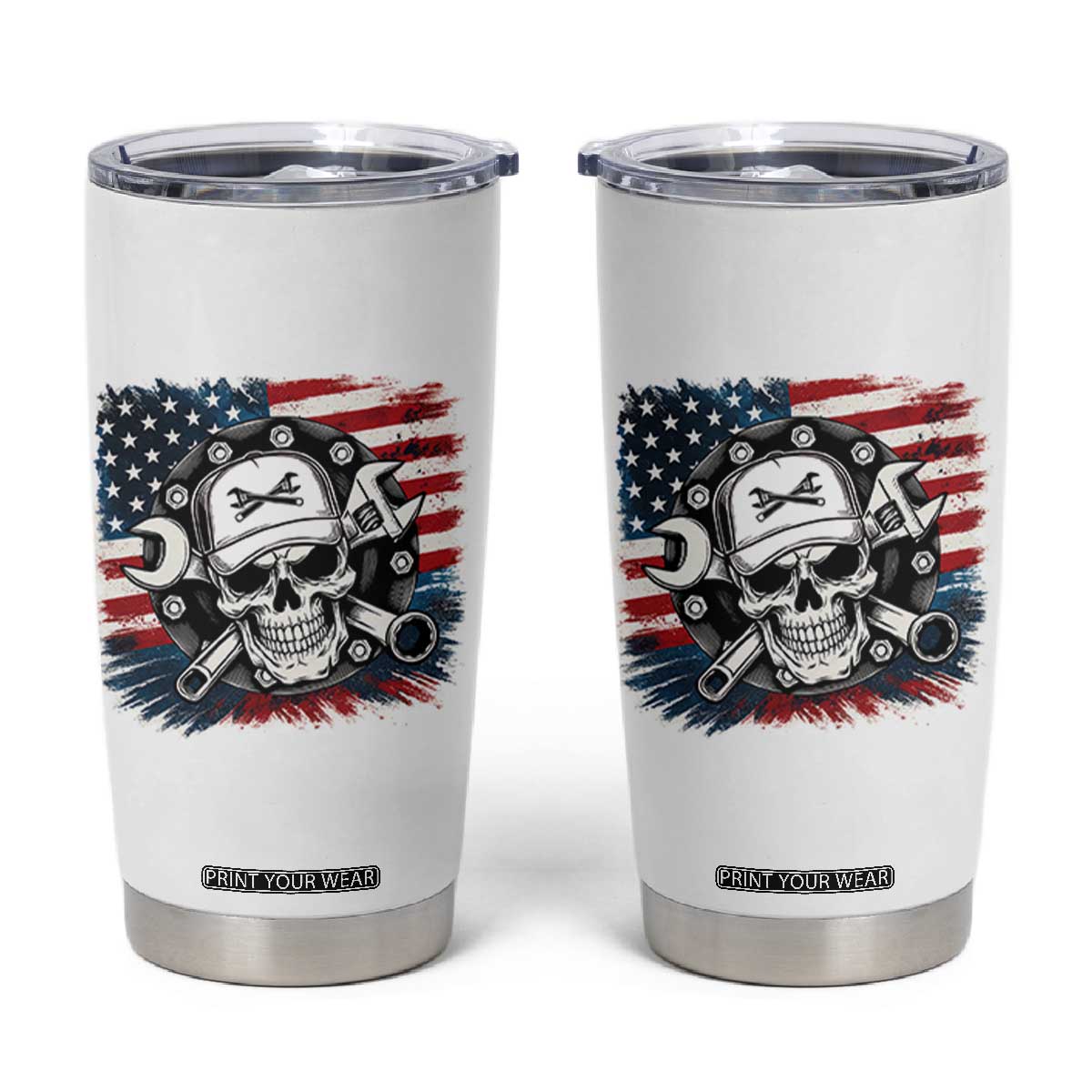 American Flag Skull Mechanic Tumbler Cup Labor Day Patriotic USA TS14 White Print Your Wear