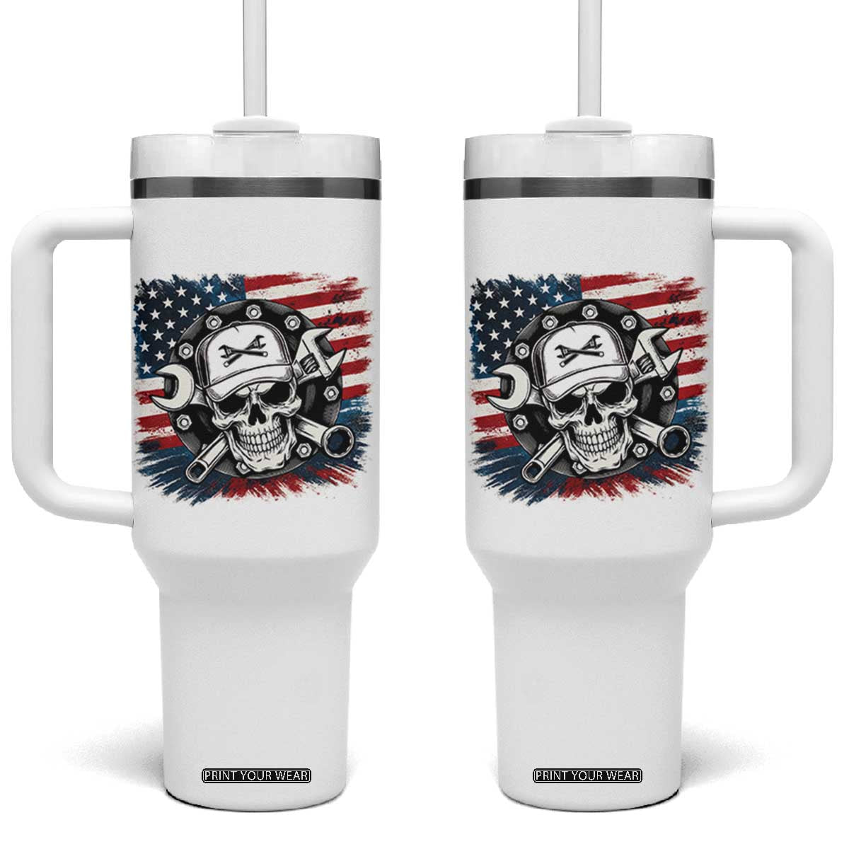 American Flag Skull Mechanic Tumbler With Handle Labor Day Patriotic USA TS14 One Size: 40 oz White Print Your Wear