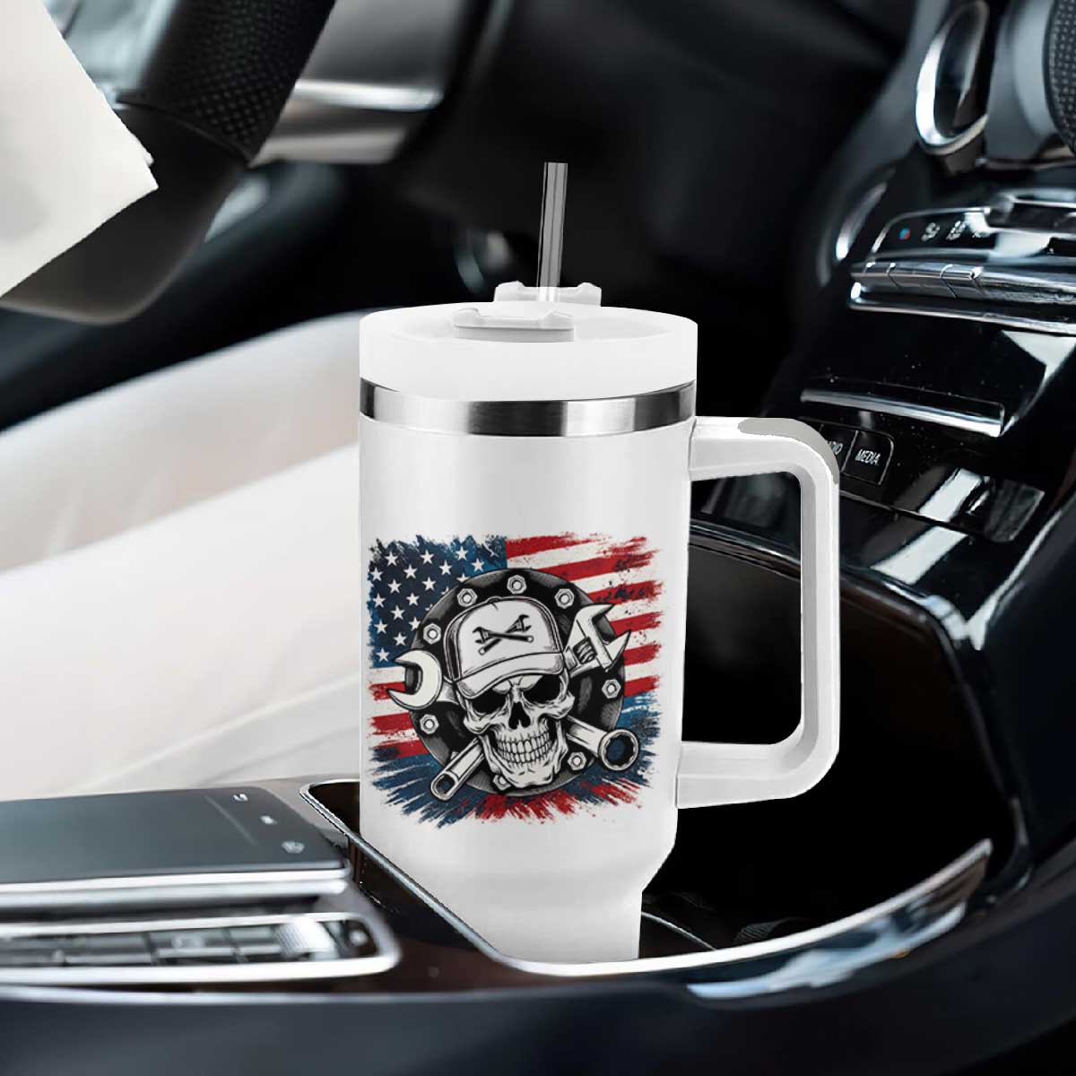 American Flag Skull Mechanic Tumbler With Handle Labor Day Patriotic USA TS14 Print Your Wear