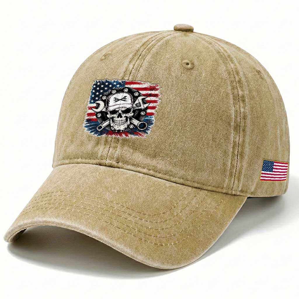 American Flag Skull Mechanic Washed Cotton Baseball Cap Labor Day Patriotic USA TS14 Print Your Wear