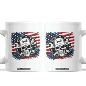 American Flag Skull Mechanic Coffee Mug Labor Day Patriotic USA TS14 White Print Your Wear
