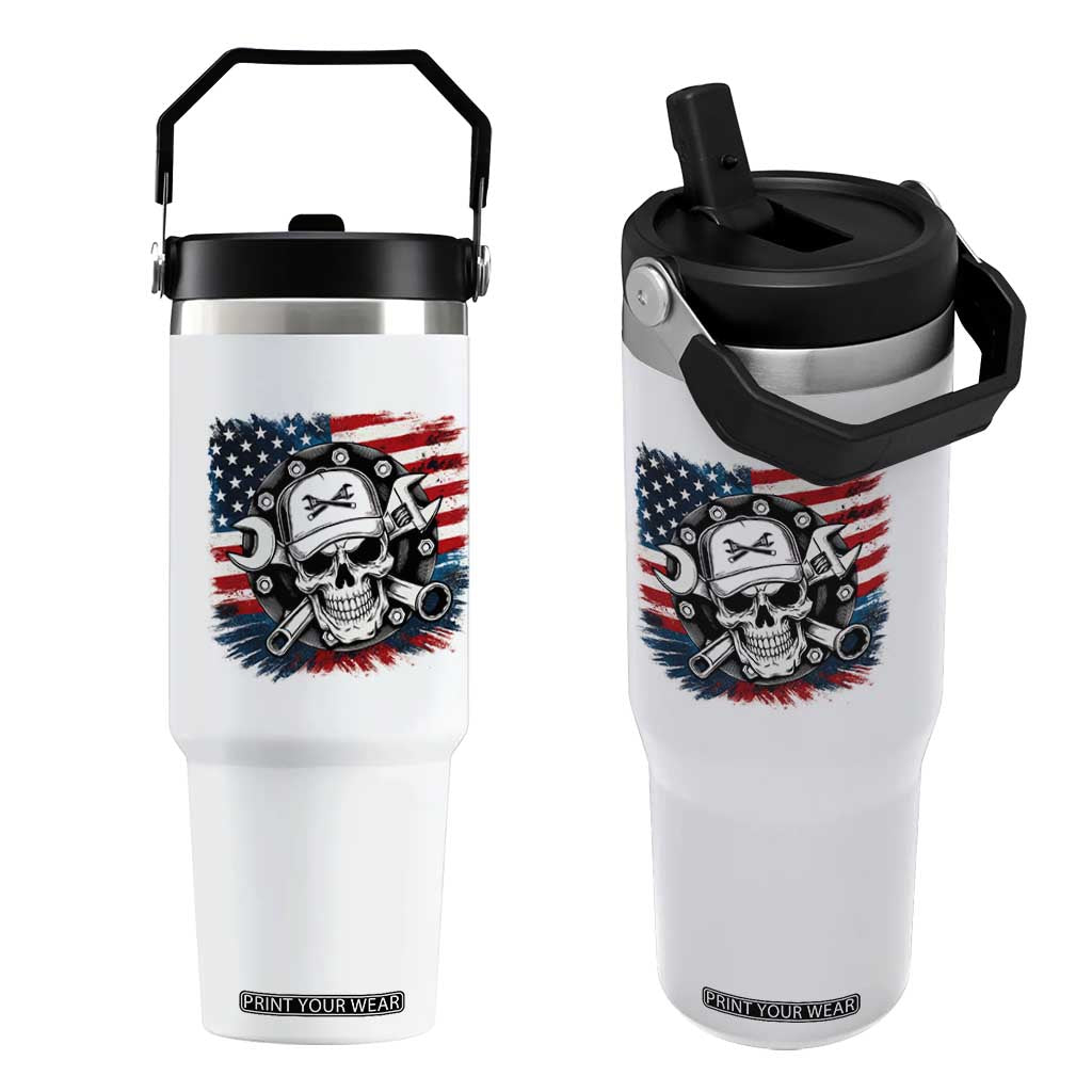 American Flag Skull Mechanic Flip Straw Tumbler Labor Day Patriotic USA TS14 One Size: 30 oz White Print Your Wear