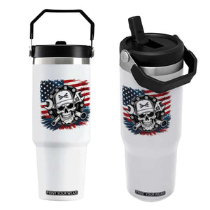 American Flag Skull Mechanic Flip Straw Tumbler Labor Day Patriotic USA TS14 One Size: 30 oz White Print Your Wear