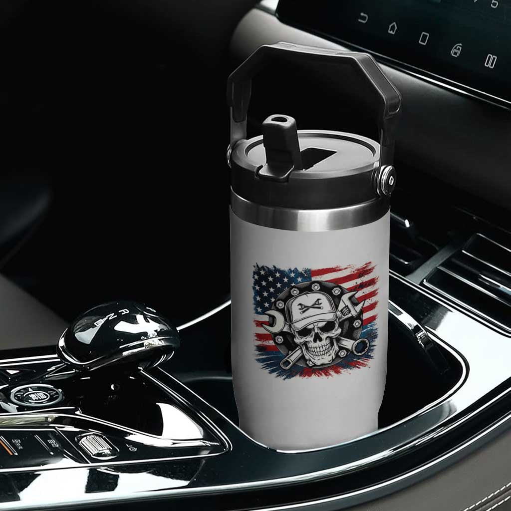American Flag Skull Mechanic Flip Straw Tumbler Labor Day Patriotic USA TS14 Print Your Wear