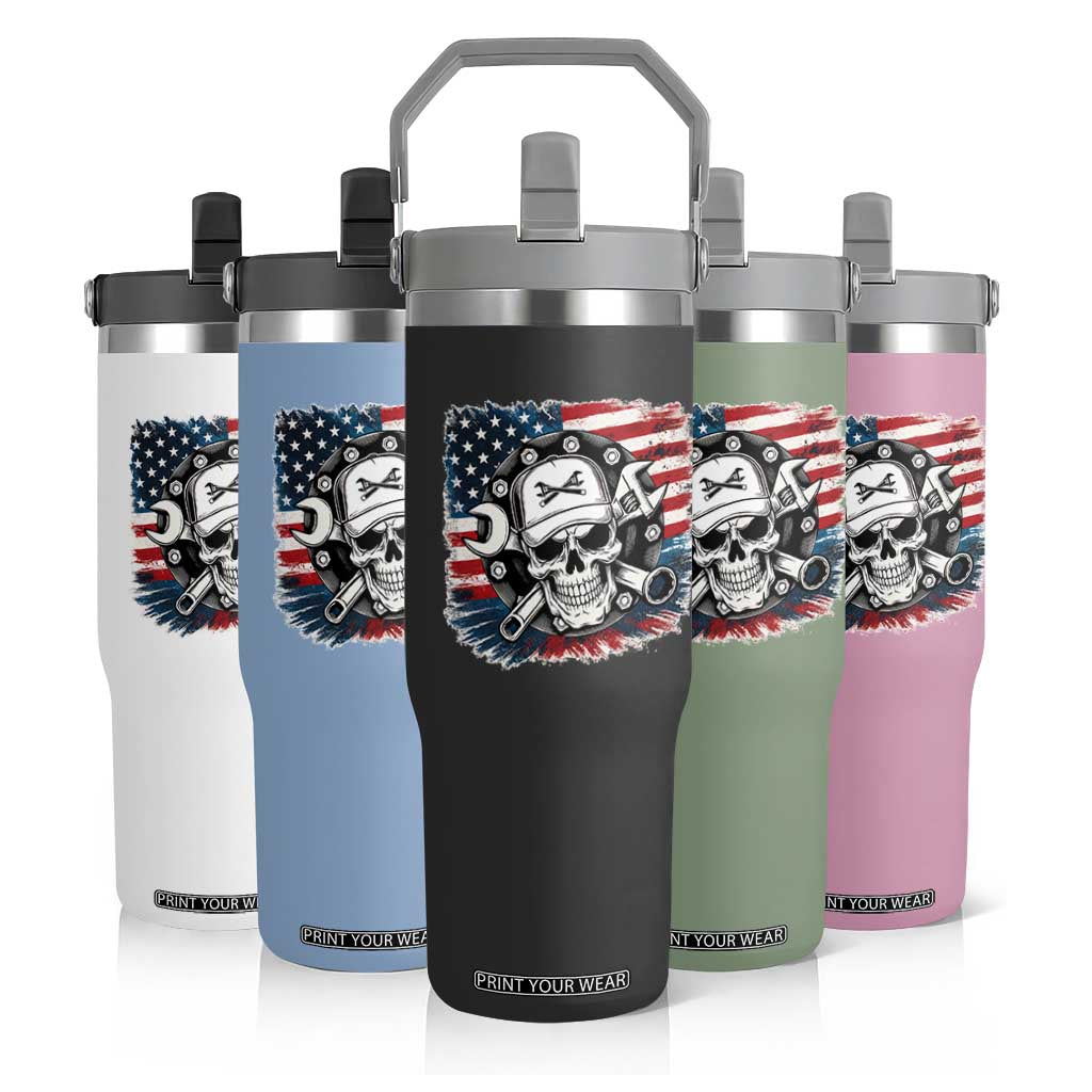 American Flag Skull Mechanic Flip Straw Tumbler Labor Day Patriotic USA TS14 Print Your Wear