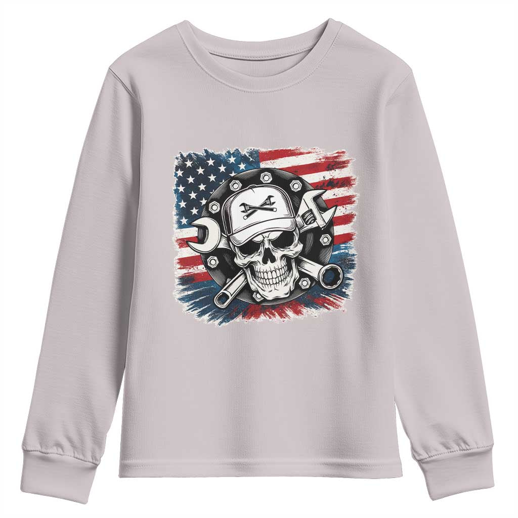 American Flag Skull Mechanic Youth Sweatshirt Labor Day Patriotic USA TS14 Ice Gray Print Your Wear