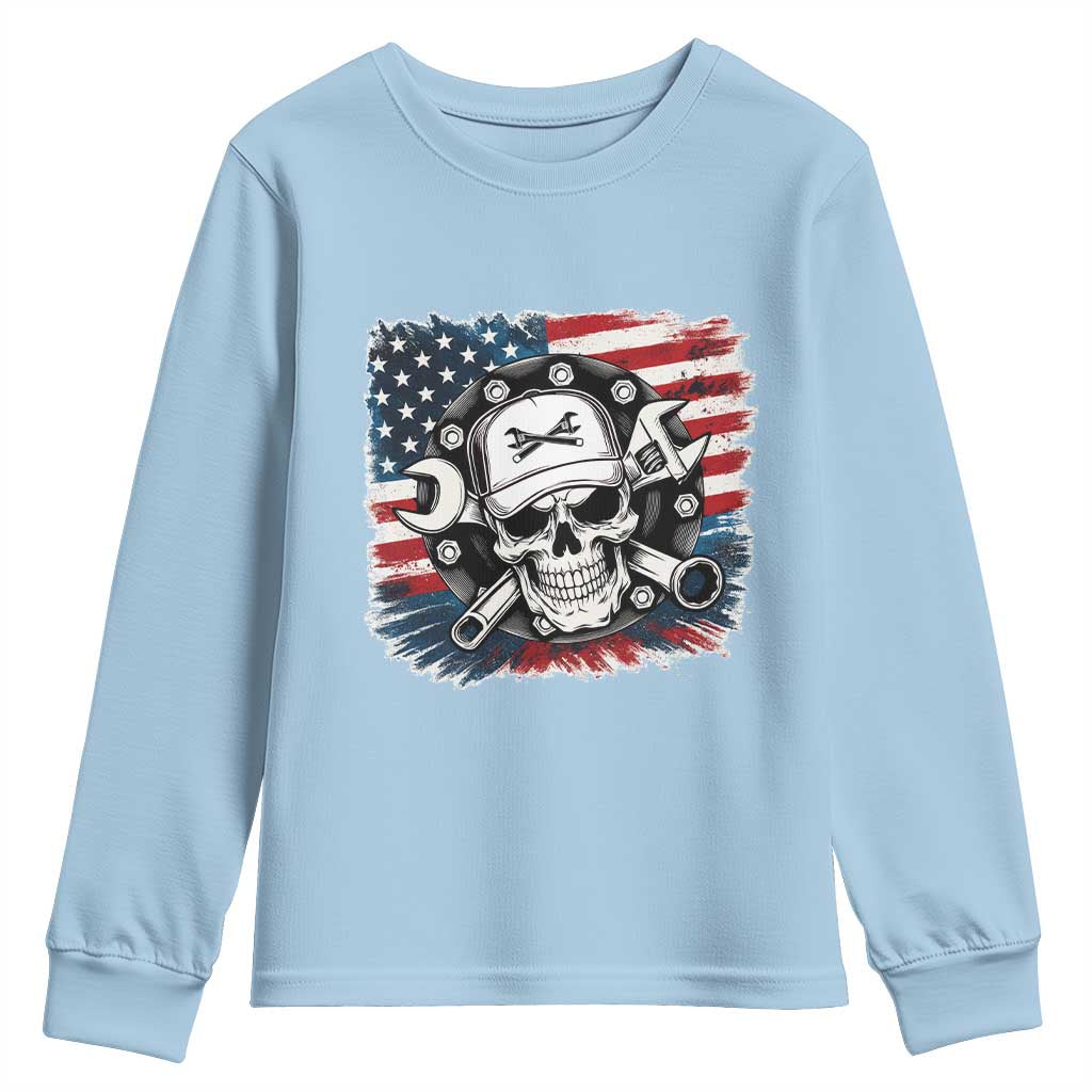 American Flag Skull Mechanic Youth Sweatshirt Labor Day Patriotic USA TS14 Light Blue Print Your Wear