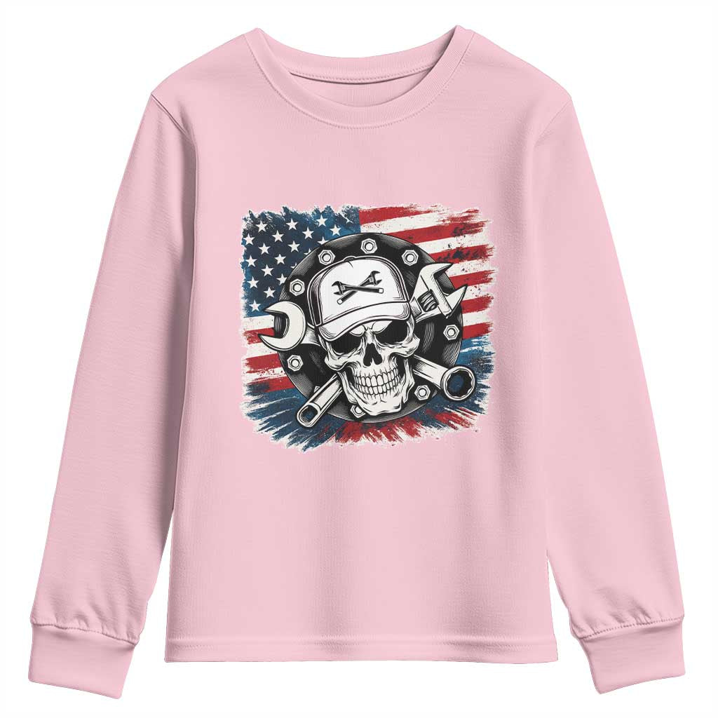 American Flag Skull Mechanic Youth Sweatshirt Labor Day Patriotic USA TS14 Light Pink Print Your Wear