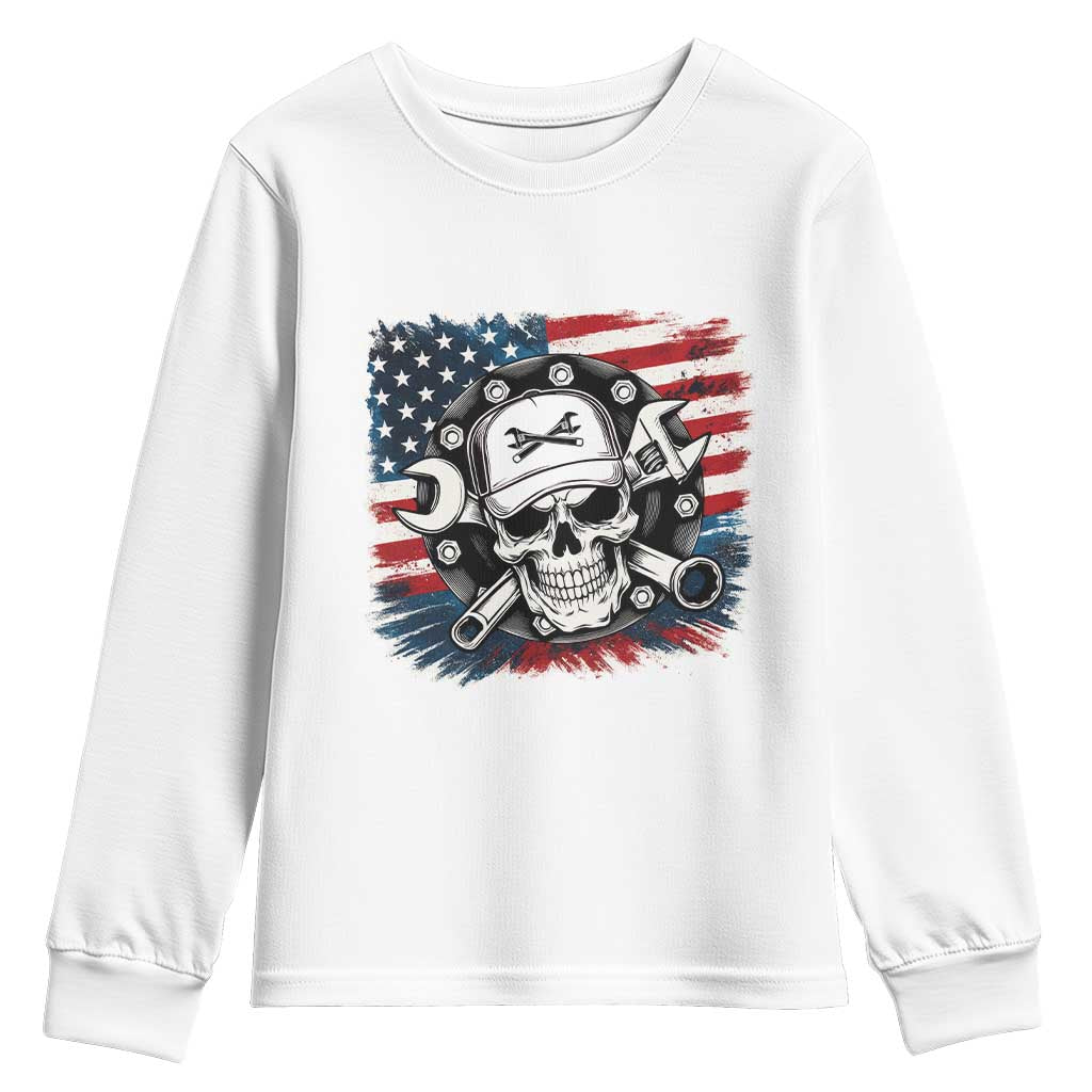 American Flag Skull Mechanic Youth Sweatshirt Labor Day Patriotic USA TS14 White Print Your Wear