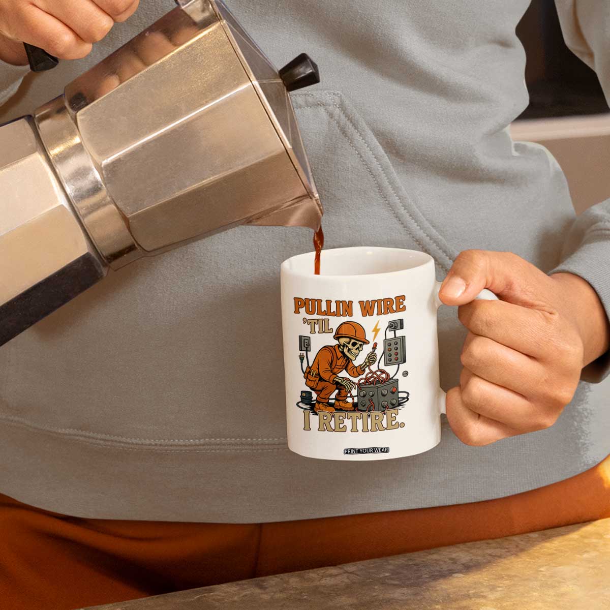 Funny Skeleton Electrician Coffee Mug Pullin Wire Til I Retire Labor Day TS14 Print Your Wear