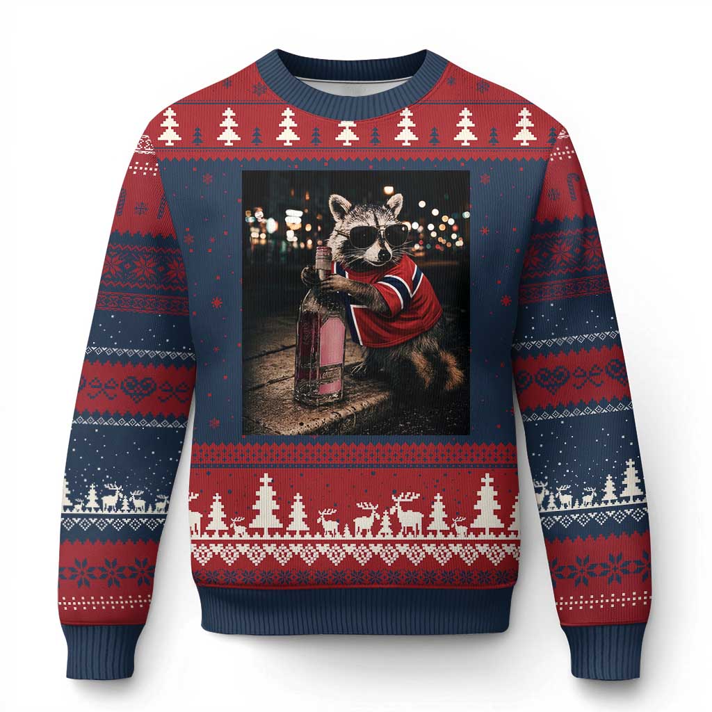 Norway Raccoon Whiskey Norge Norwegian Flag Ugly Christmas Sweater Viral Trash Panda Football Texas Souvenir Meme TS14 Navy Red Print Your Wear