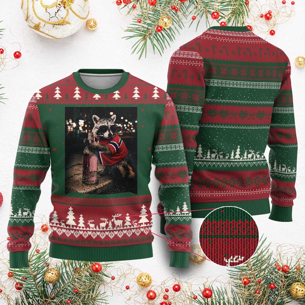 Funny Raccoon Whiskey Sunglasses Norwegian Flag Ugly Christmas Sweater Viral Trash Panda Football Texas Souvenir Meme TS14 Red Green Print Your Wear