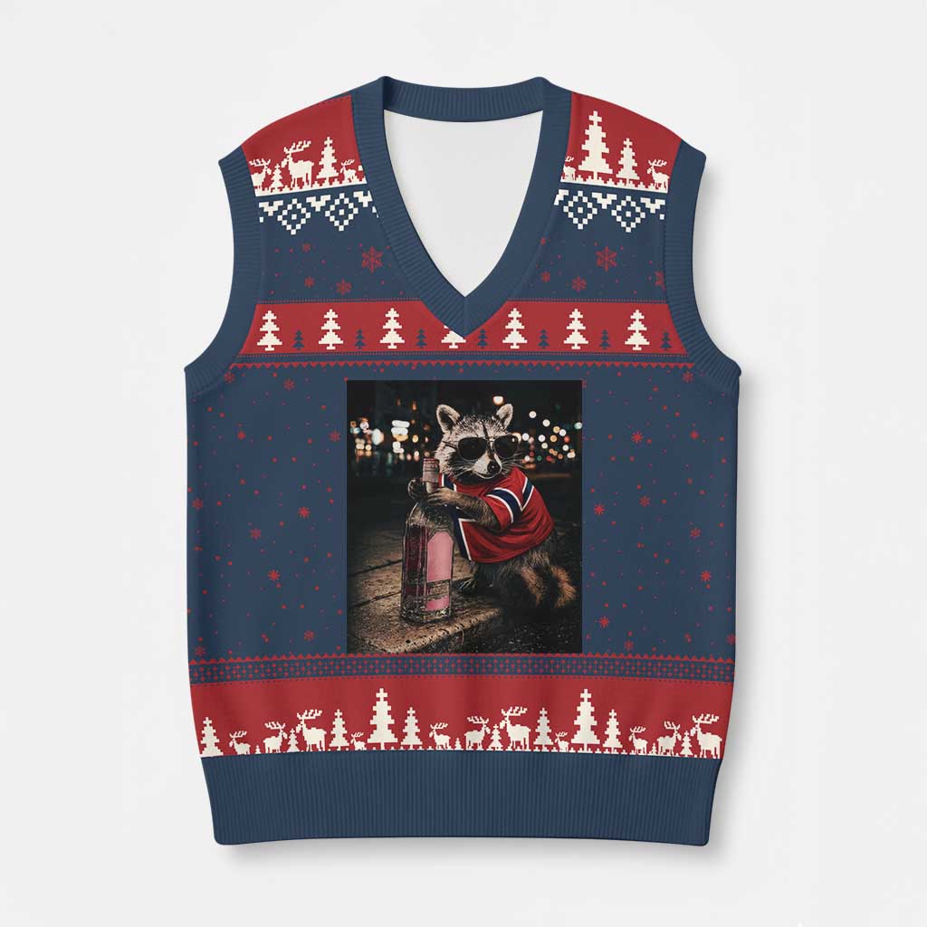 Norway Raccoon Whiskey Norge Norwegian Flag V-Neck Knit Sweater Vest Viral Trash Panda Football Texas Souvenir Meme TS14 Navy Red Print Your Wear