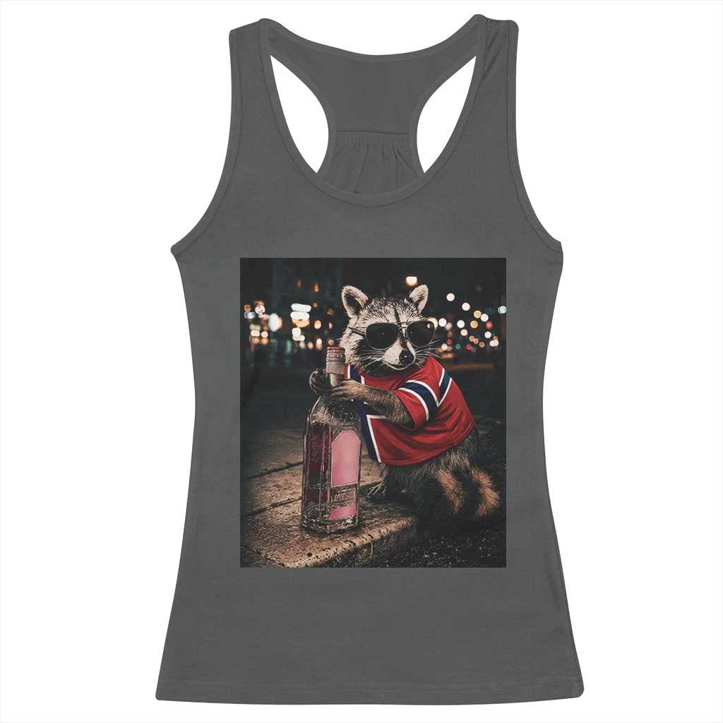 Funny Raccoon Whiskey Sunglasses Norwegian Flag Racerback Tank Top Viral Trash Panda Football Texas Souvenir Meme TS14 Dark Heather Print Your Wear