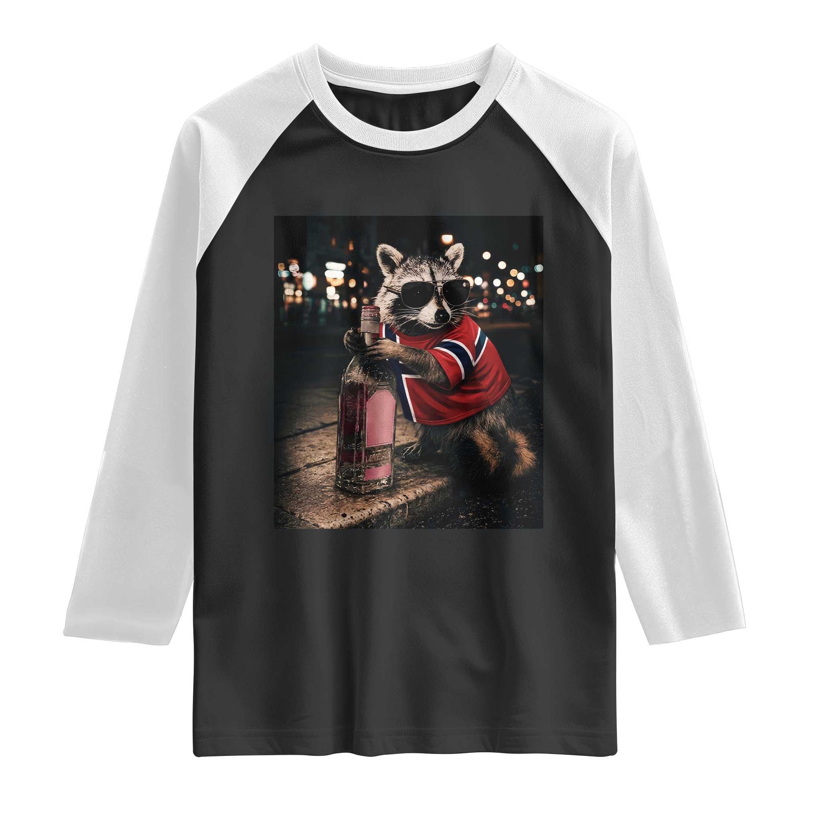 Norway Raccoon Whiskey Norge Norwegian Flag Raglan Shirt Viral Trash Panda Football Texas Souvenir Meme TS14 Black White Print Your Wear
