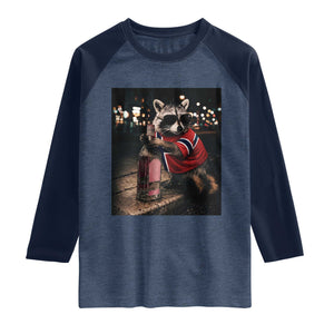 Funny Raccoon Whiskey Sunglasses Norwegian Flag Raglan Shirt Viral Trash Panda Football Texas Souvenir Meme TS14 Heather Denim Navy Print Your Wear