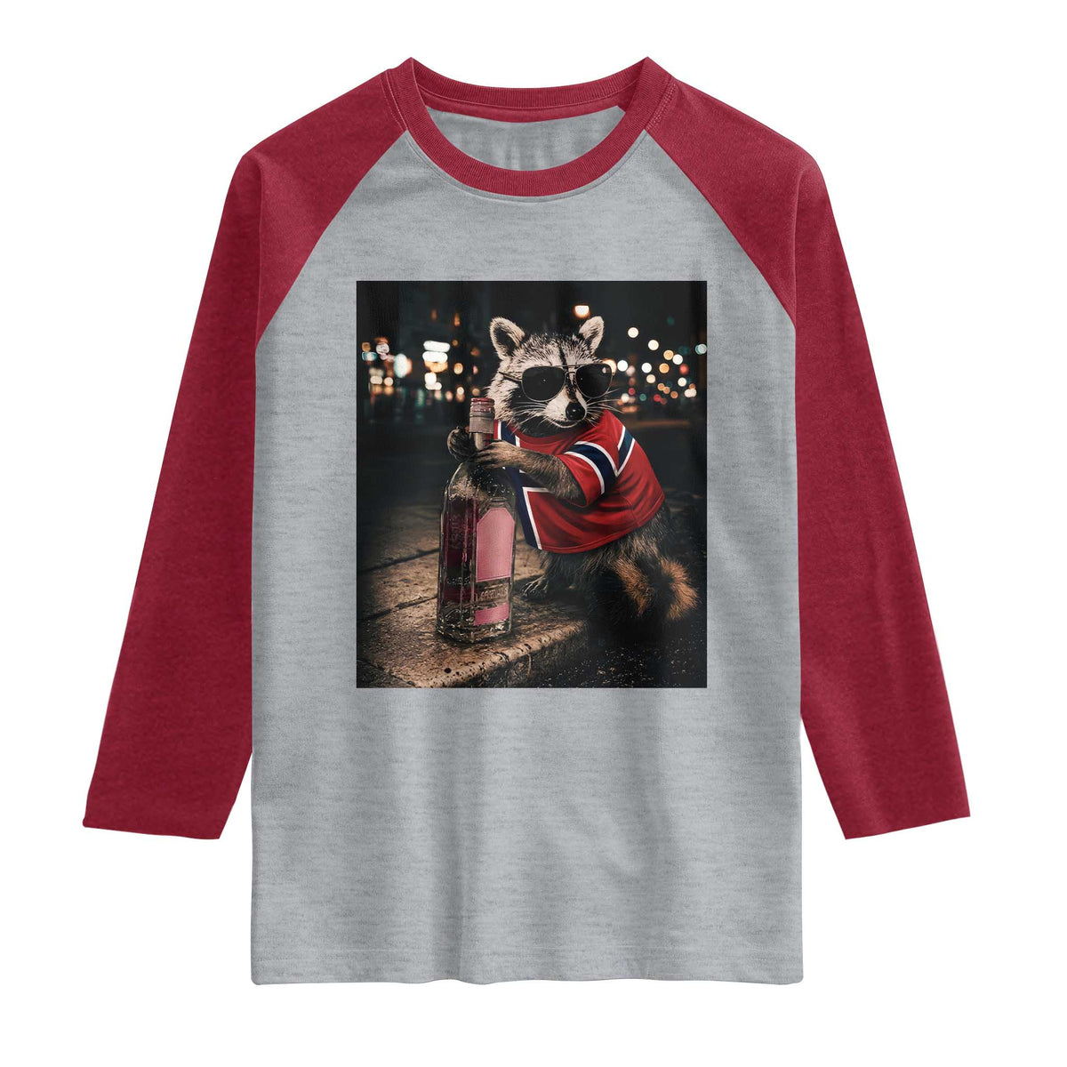 Funny Raccoon Whiskey Sunglasses Norwegian Flag Raglan Shirt Viral Trash Panda Football Texas Souvenir Meme TS14 Heather Gray Heather Red Print Your Wear