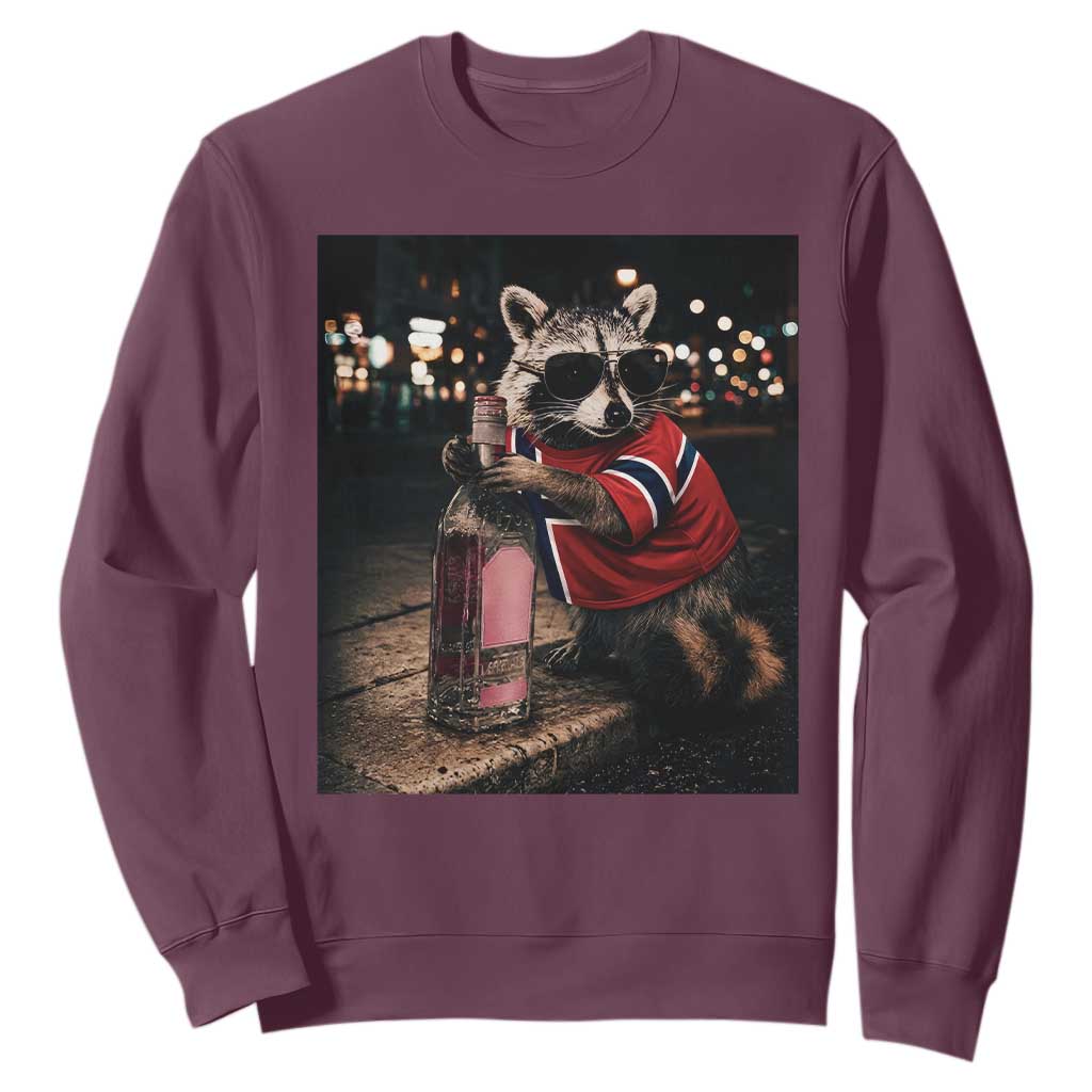 Funny Raccoon Whiskey Sunglasses Norwegian Flag Sweatshirt Viral Trash Panda Football Texas Souvenir Meme TS14 Maroon Print Your Wear