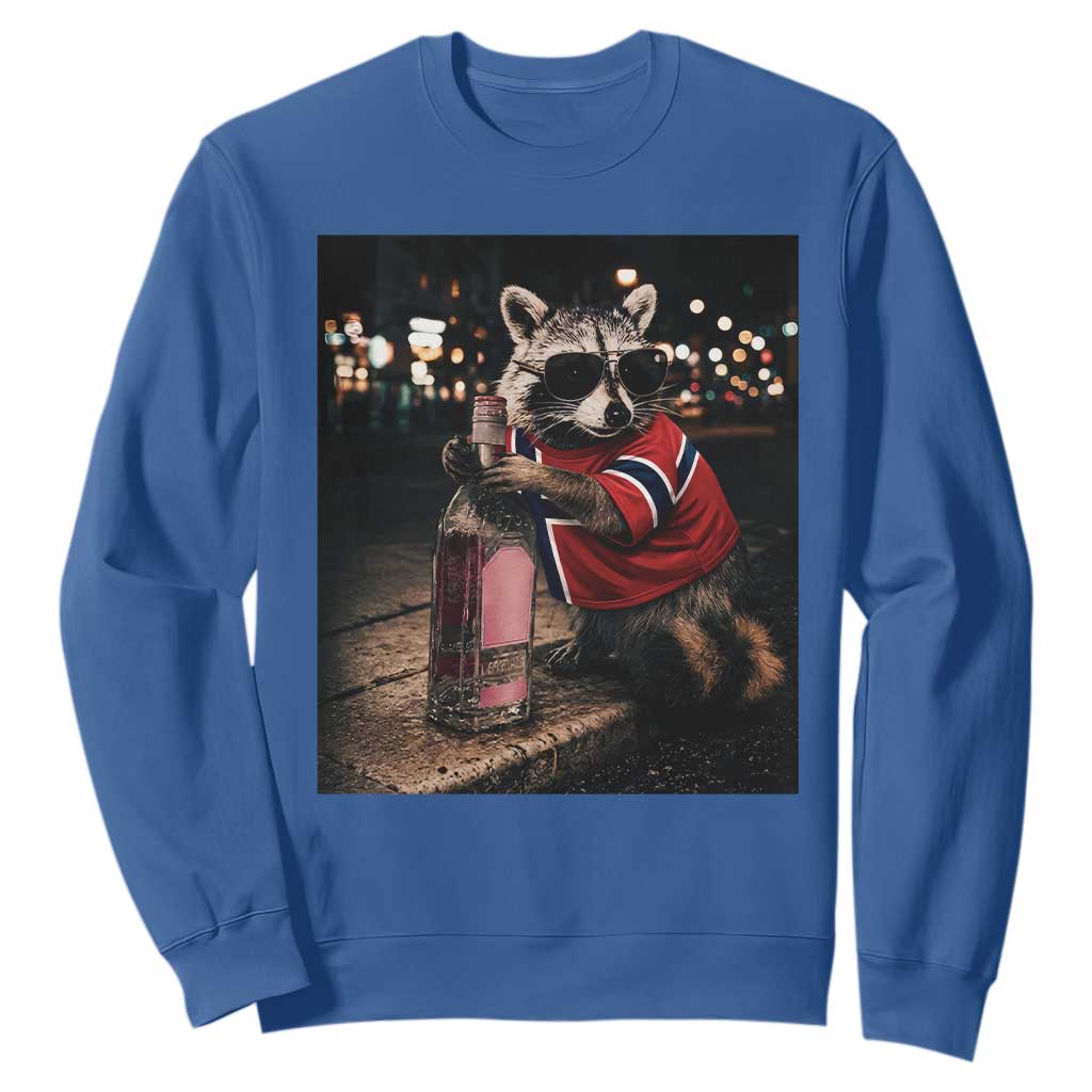 Funny Raccoon Whiskey Sunglasses Norwegian Flag Sweatshirt Viral Trash Panda Football Texas Souvenir Meme TS14 Royal Blue Print Your Wear