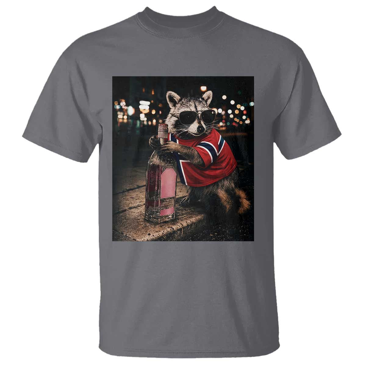 Funny Raccoon Whiskey Sunglasses Norwegian Flag T Shirt Viral Trash Panda Football Texas Souvenir Meme TS14 Charcoal Print Your Wear