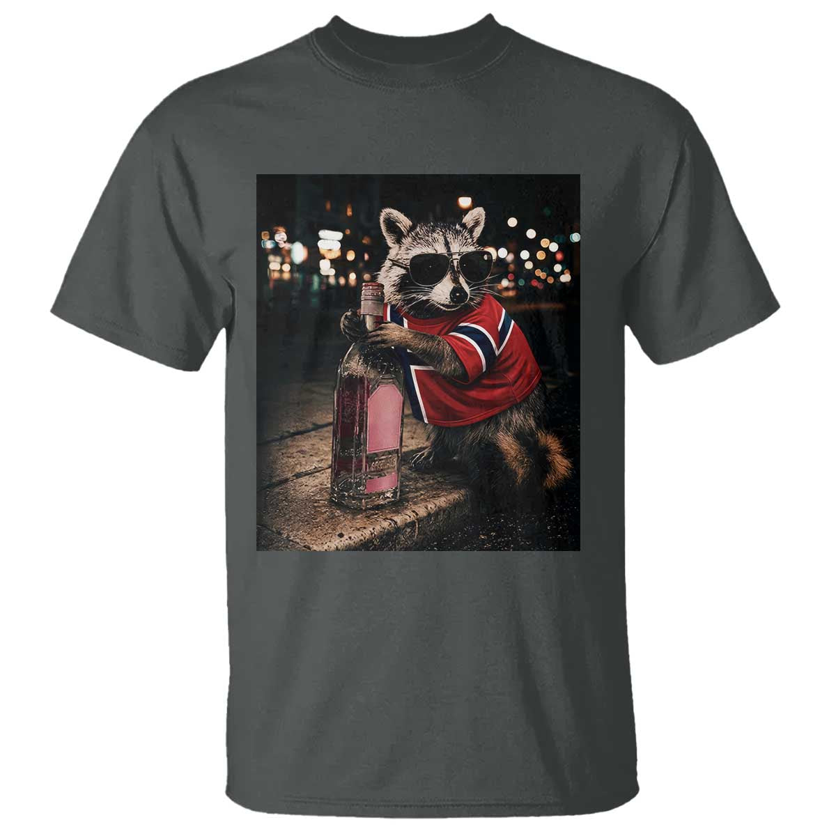 Funny Raccoon Whiskey Sunglasses Norwegian Flag T Shirt Viral Trash Panda Football Texas Souvenir Meme TS14 Dark Heather Print Your Wear