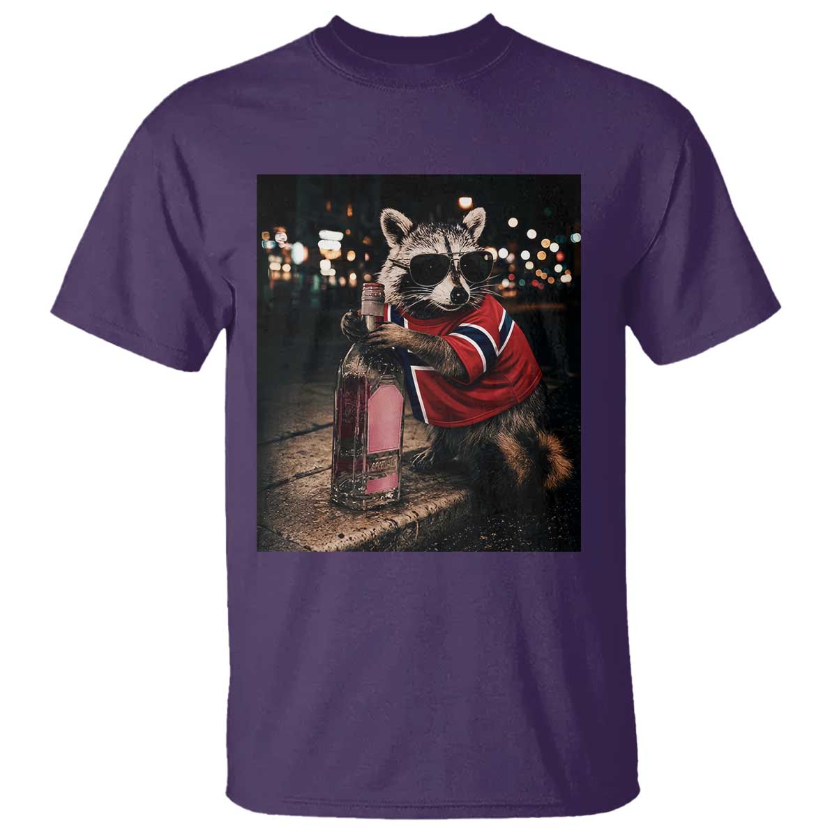 Funny Raccoon Whiskey Sunglasses Norwegian Flag T Shirt Viral Trash Panda Football Texas Souvenir Meme TS14 Purple Print Your Wear