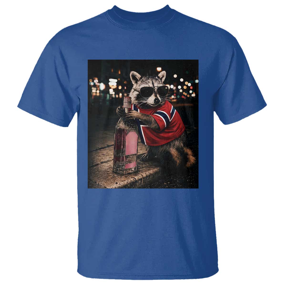 Funny Raccoon Whiskey Sunglasses Norwegian Flag T Shirt Viral Trash Panda Football Texas Souvenir Meme TS14 Royal Blue Print Your Wear