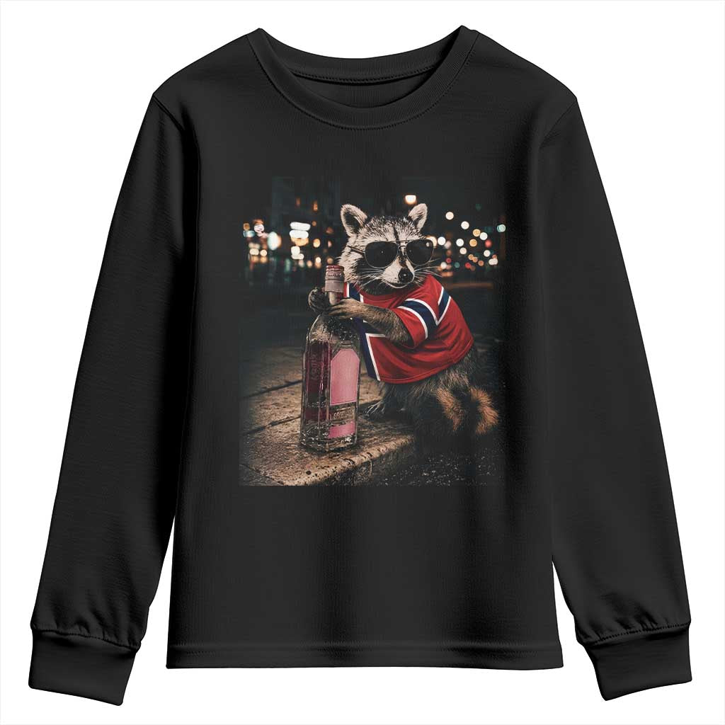 Funny Raccoon Whiskey Sunglasses Norwegian Flag Youth Sweatshirt Viral Trash Panda Football Texas Souvenir Meme TS14 Black Print Your Wear