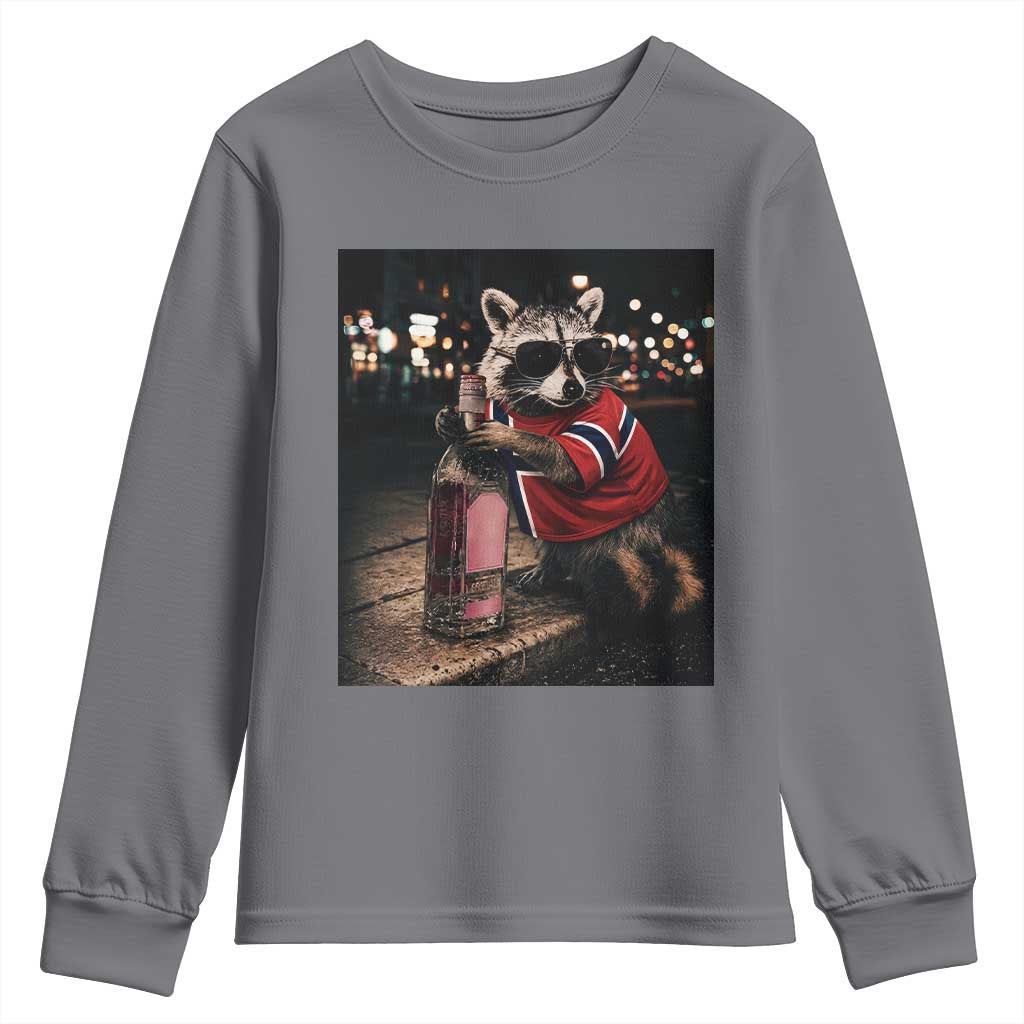 Funny Raccoon Whiskey Sunglasses Norwegian Flag Youth Sweatshirt Viral Trash Panda Football Texas Souvenir Meme TS14 Charcoal Print Your Wear