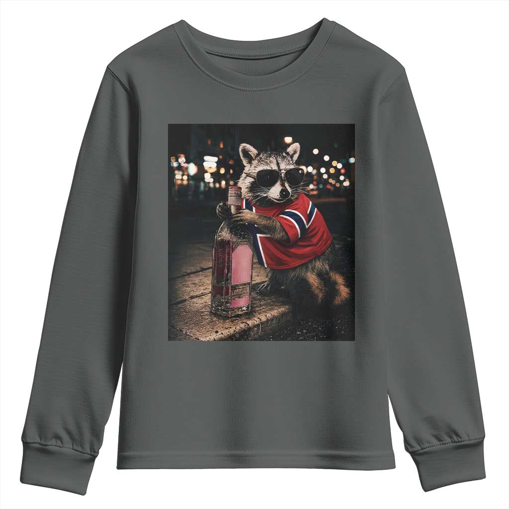 Funny Raccoon Whiskey Sunglasses Norwegian Flag Youth Sweatshirt Viral Trash Panda Football Texas Souvenir Meme TS14 Dark Heather Print Your Wear