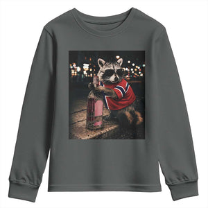 Funny Raccoon Whiskey Sunglasses Norwegian Flag Youth Sweatshirt Viral Trash Panda Football Texas Souvenir Meme TS14 Dark Heather Print Your Wear