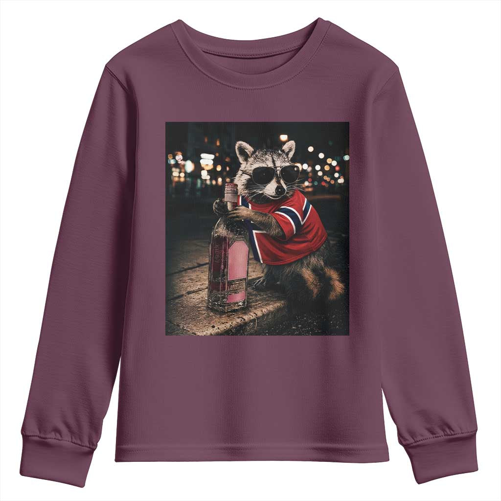 Funny Raccoon Whiskey Sunglasses Norwegian Flag Youth Sweatshirt Viral Trash Panda Football Texas Souvenir Meme TS14 Maroon Print Your Wear