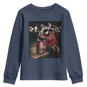 Funny Raccoon Whiskey Sunglasses Norwegian Flag Youth Sweatshirt Viral Trash Panda Football Texas Souvenir Meme TS14 Navy Print Your Wear