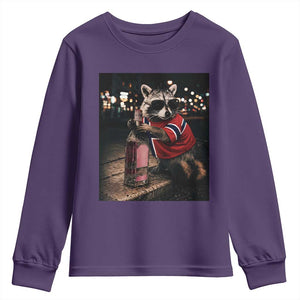 Funny Raccoon Whiskey Sunglasses Norwegian Flag Youth Sweatshirt Viral Trash Panda Football Texas Souvenir Meme TS14 Purple Print Your Wear