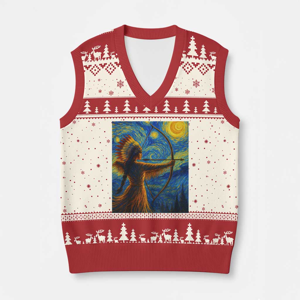 Native American Indian Women V-Neck Knit Sweater Vest Starry Night Indigenous Pride TS14 Beige Red Print Your Wear