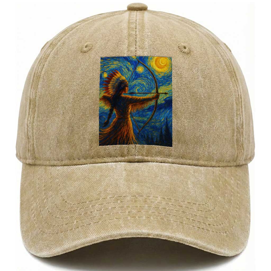 Native American Indian Women Washed Cotton Baseball Cap Starry Night Indigenous Pride TS14 Washed Cap Universal Fit Khaki Print Your Wear