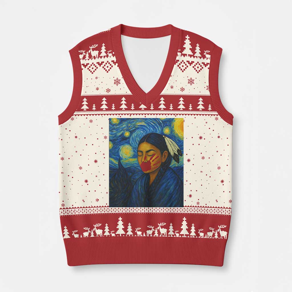 Native American MMIW V-Neck Knit Sweater Vest Starry Night Indigenous People Day TS14 Beige Red Print Your Wear