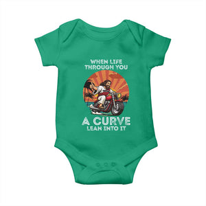 Funny Jesus Christian Motorcycle Baby Onesie When Life Throws You A Curve Lean Into It TS14 Irish Green Print Your Wear