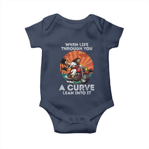 Funny Jesus Christian Motorcycle Baby Onesie When Life Throws You A Curve Lean Into It TS14 Navy Print Your Wear