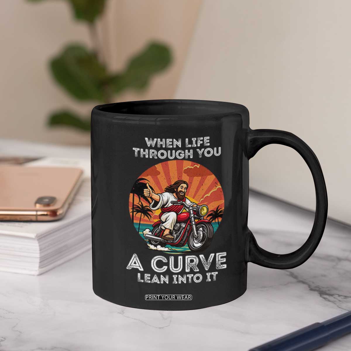 Funny Jesus Christian Motorcycle Coffee Mug When Life Throws You A Curve Lean Into It TS14 Print Your Wear