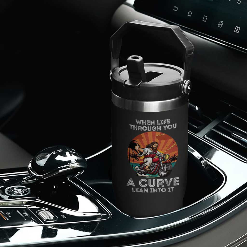Funny Jesus Christian Motorcycle Flip Straw Tumbler When Life Throws You A Curve Lean Into It TS14 Print Your Wear